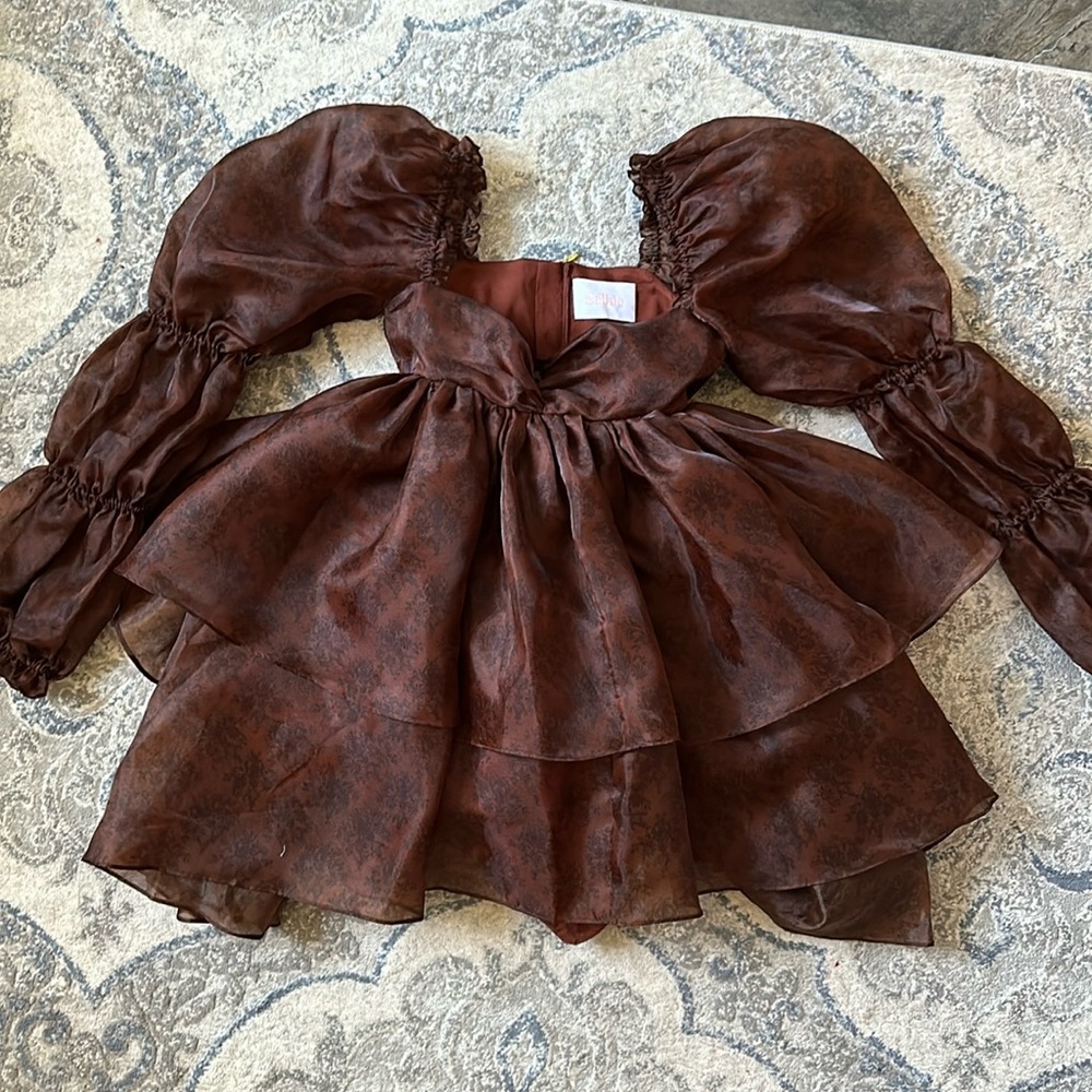 Selkie Rust Brown Sheer Puff-Sleeve Tiered Mini Dress